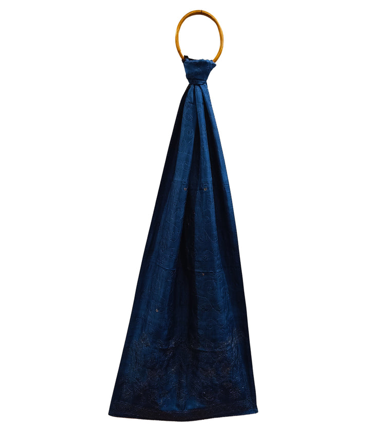 Navy blue handwoven kantha stitch silk stole