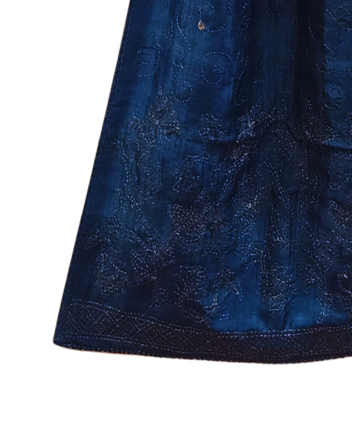 Navy blue handwoven kantha stitch silk stole