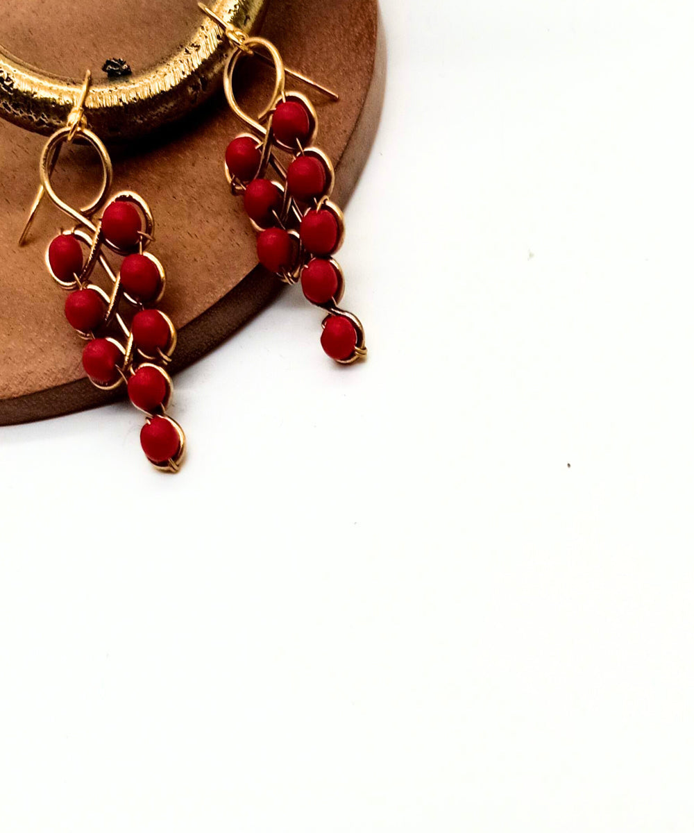Golden red beads handmade brass earring