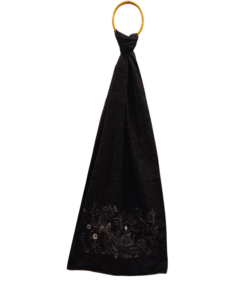 Navy blue black handwoven silk kantha stitch stole