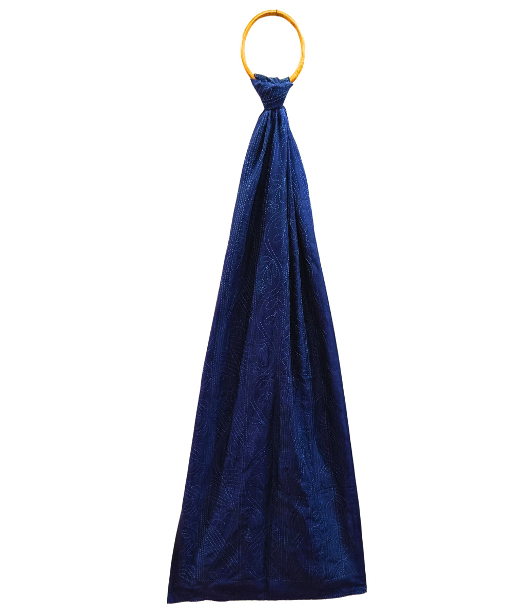 Navy blue handloom kantha stitch silk stole