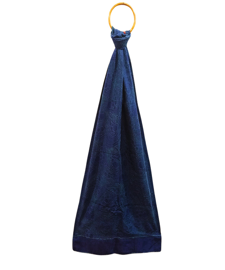 Navy blue handwoven silk kantha stitch stole