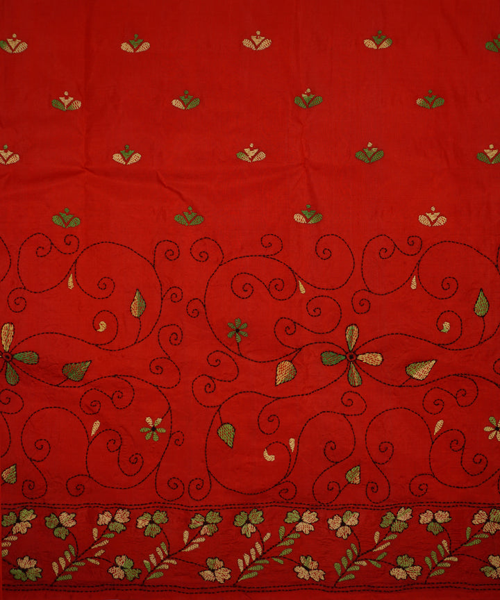Red tussar silk hand embroidery kantha saree