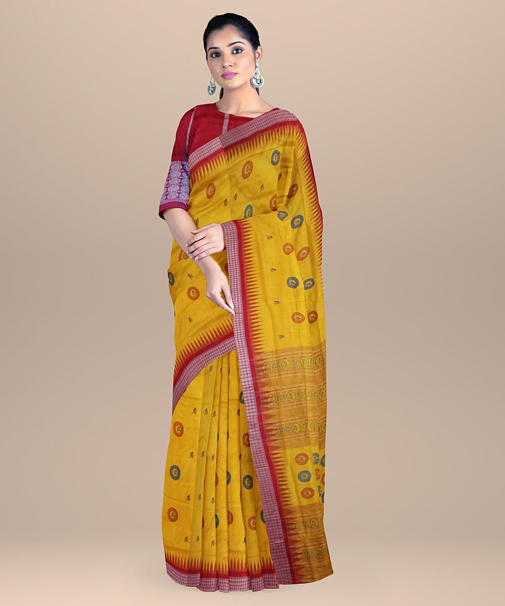 Yellow Red Handloom Bomkai Silk Saree