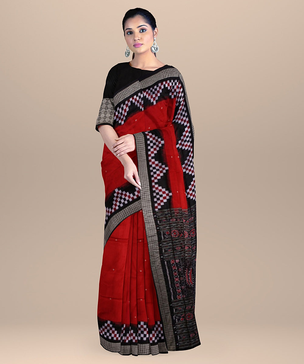 Barn red and black handwoven silk bomkai saree