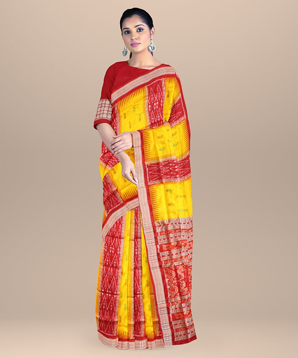 Yellow red striped silk handloom bomkai saree