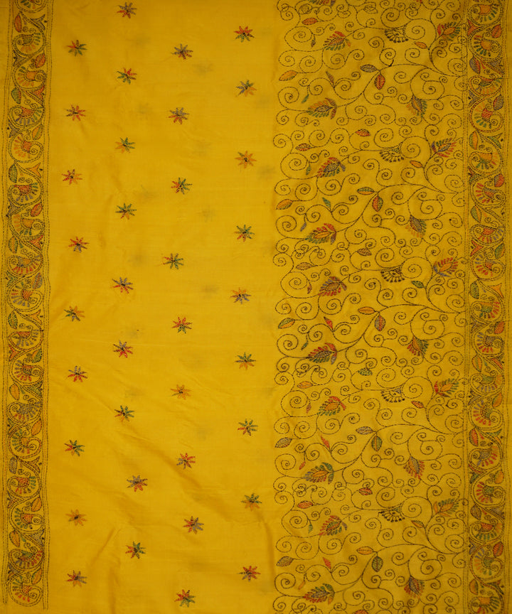 Yellow tussar silk hand embroidery kantha saree