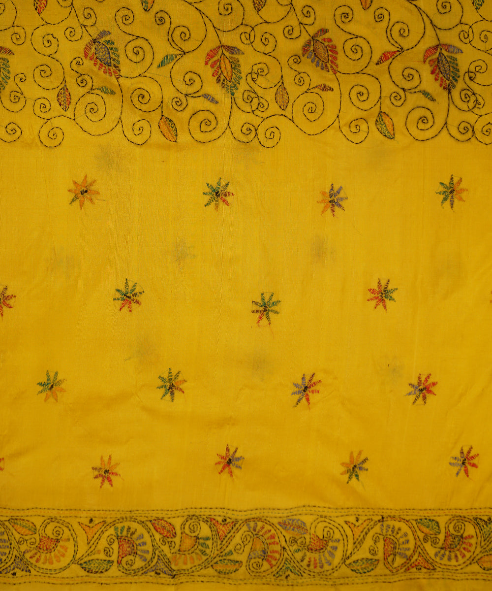 Yellow tussar silk hand embroidery kantha saree