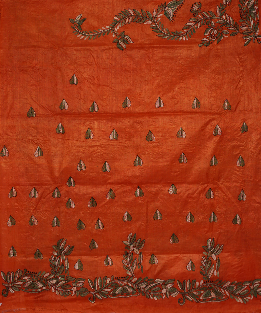 Alloy orange tussar silk hand embroidery katha saree