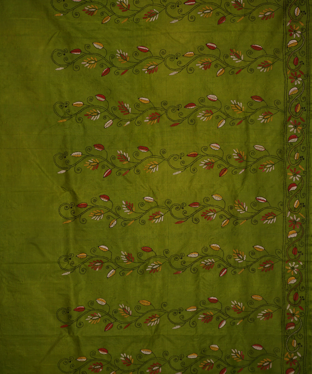 Olive green tussar silk hand embroidery katha saree