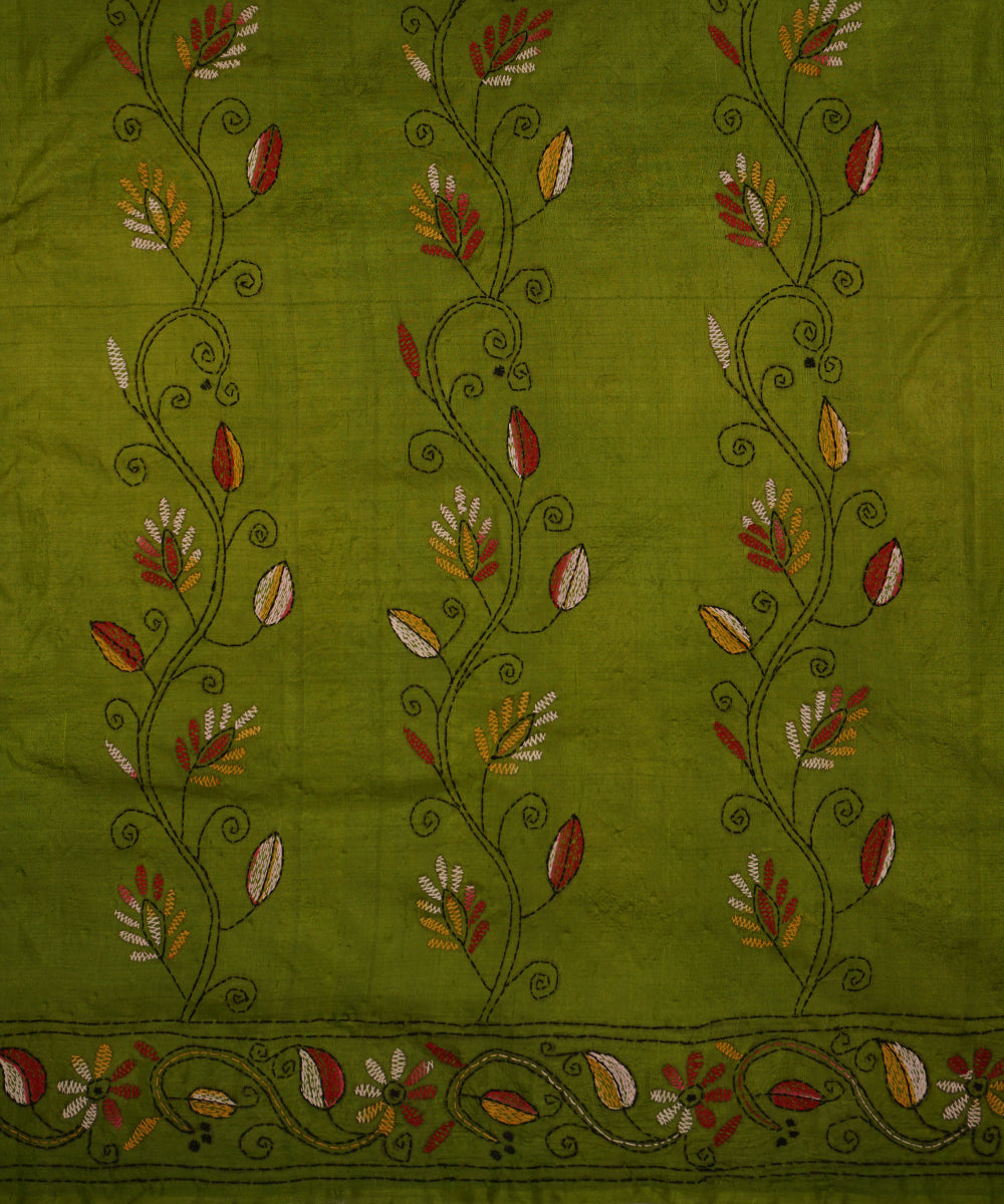 Olive green tussar silk hand embroidery katha saree
