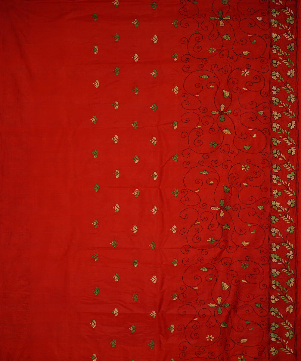 Red tussar silk hand embroidery kantha saree