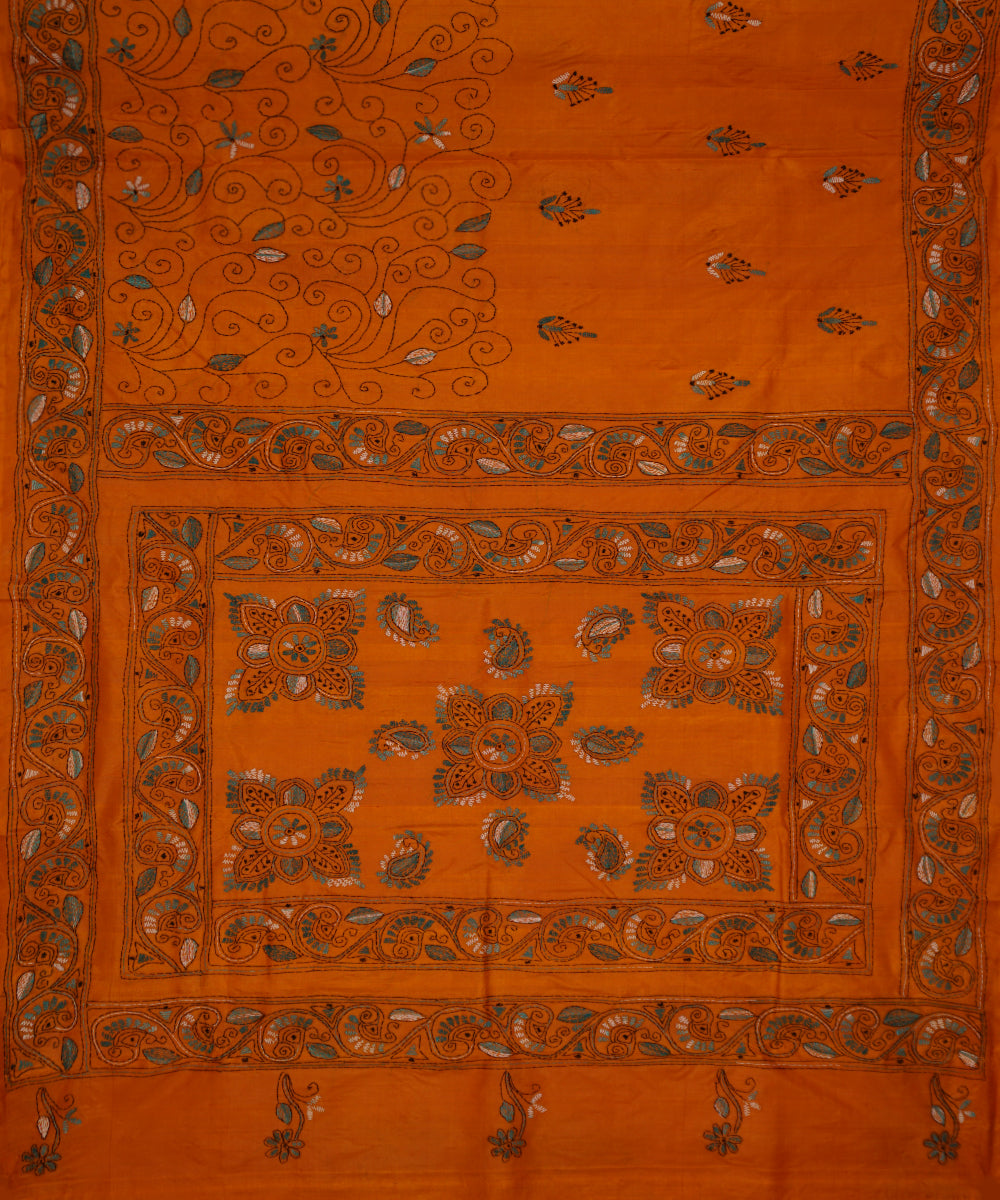 Cadmium orange tussar silk hand embroidery kantha saree