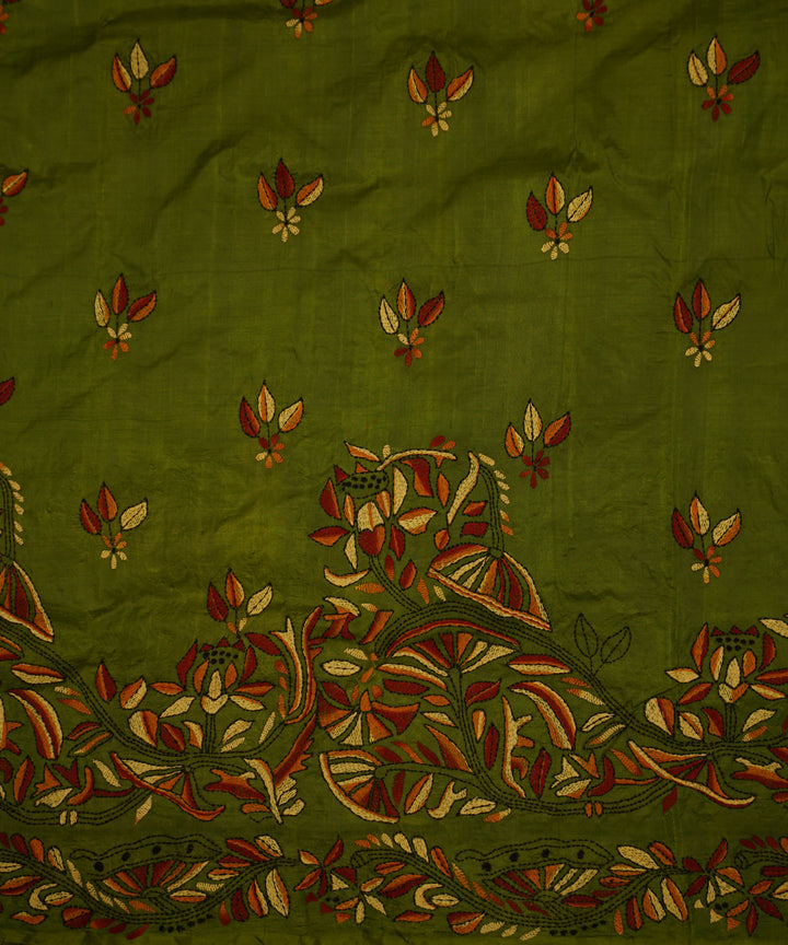 Dark moss green tussar silk hand embroidery kantha saree