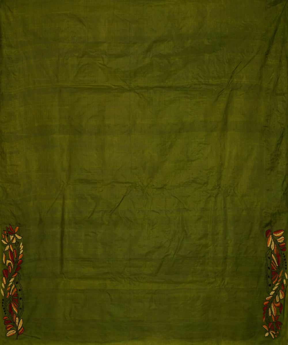 Dark moss green tussar silk hand embroidery kantha saree