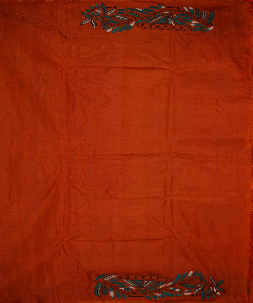 Deep carrot orange tussar silk hand embroidery kantha saree