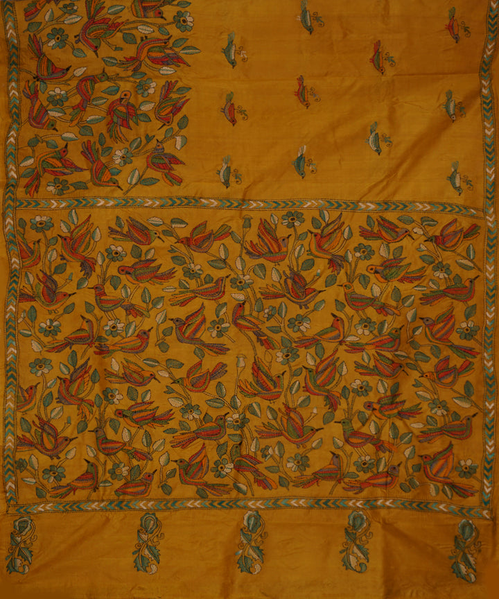 Drab mustard tussar silk hand embroidery kantha saree