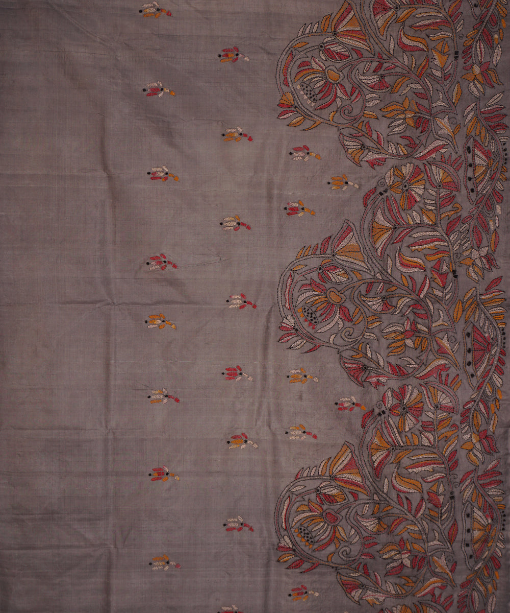 Dim grey tussar silk hand embroidery kantha saree