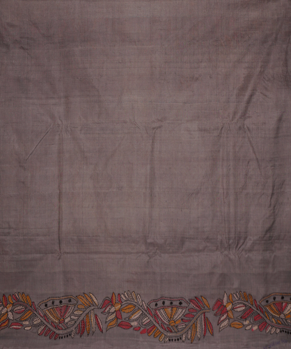 Dim grey tussar silk hand embroidery kantha saree