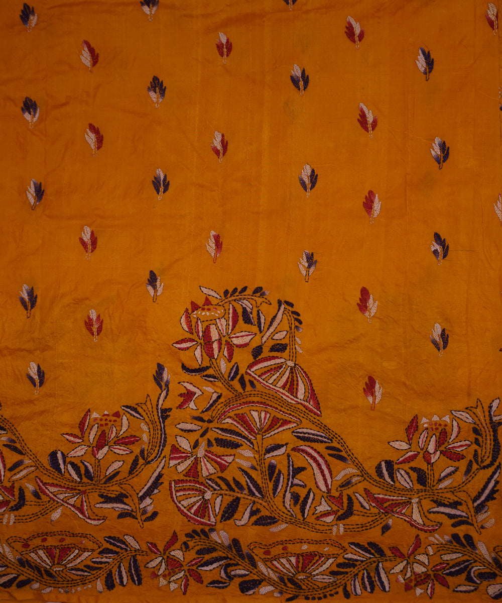 Golden mustard tussar silk hand embroidery kantha saree