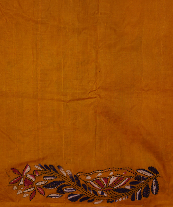 Golden mustard tussar silk hand embroidery kantha saree