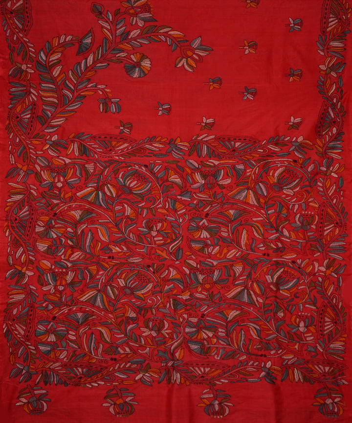 Deep pink tussar silk hand embroidery kantha saree