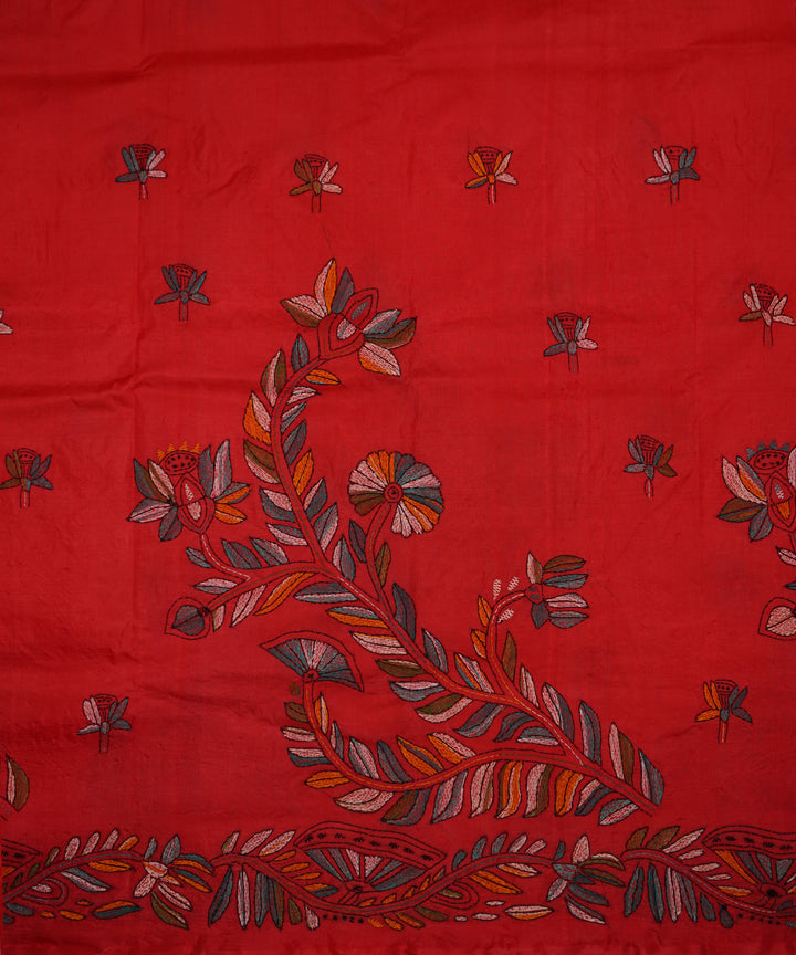 Deep pink tussar silk hand embroidery kantha saree