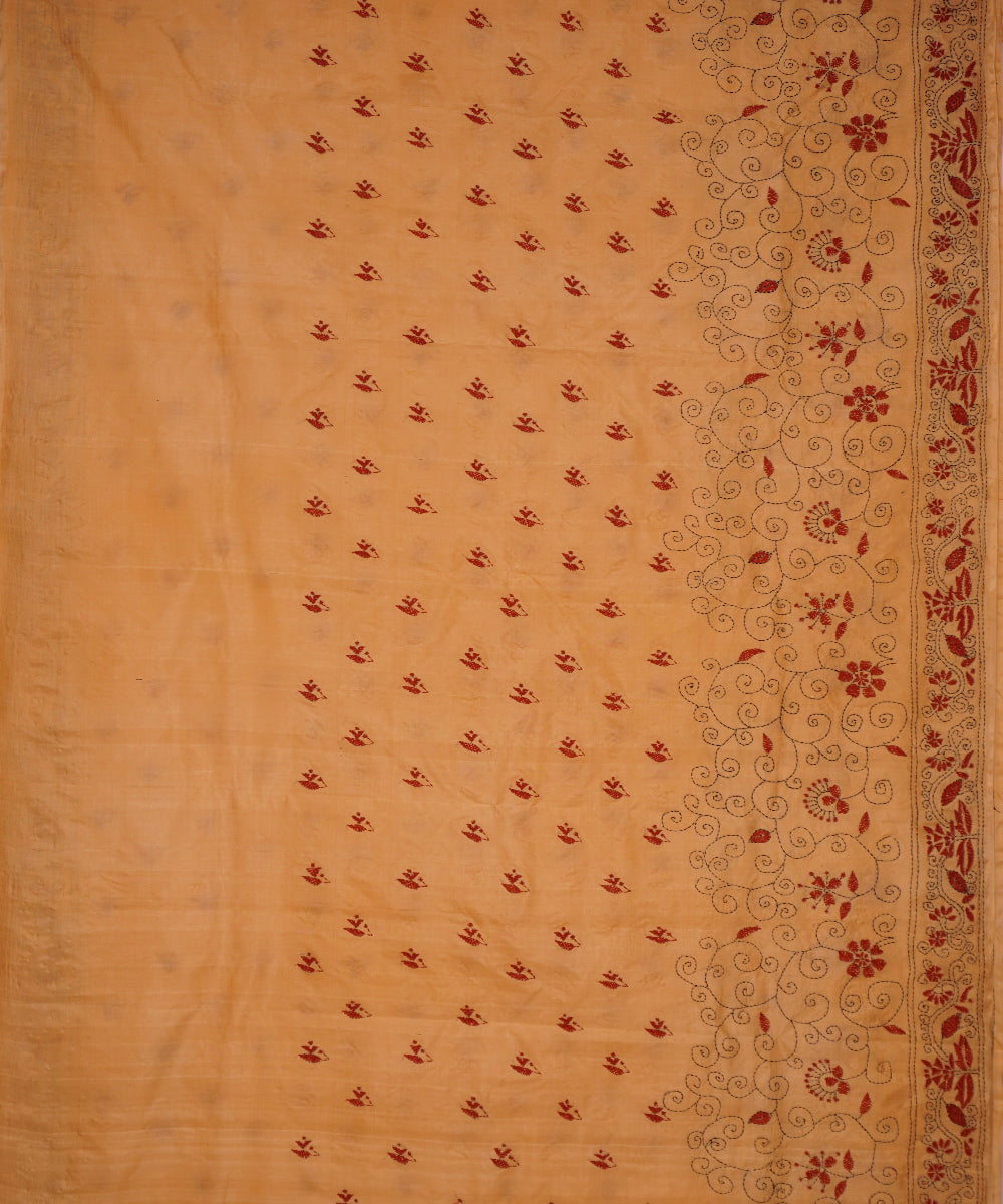 Buff beige tussar silk hand embroidery kantha saree