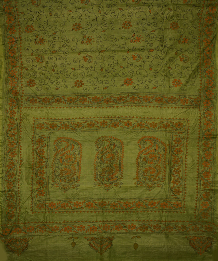 Olive green hand embroidery tussar silk kantha saree