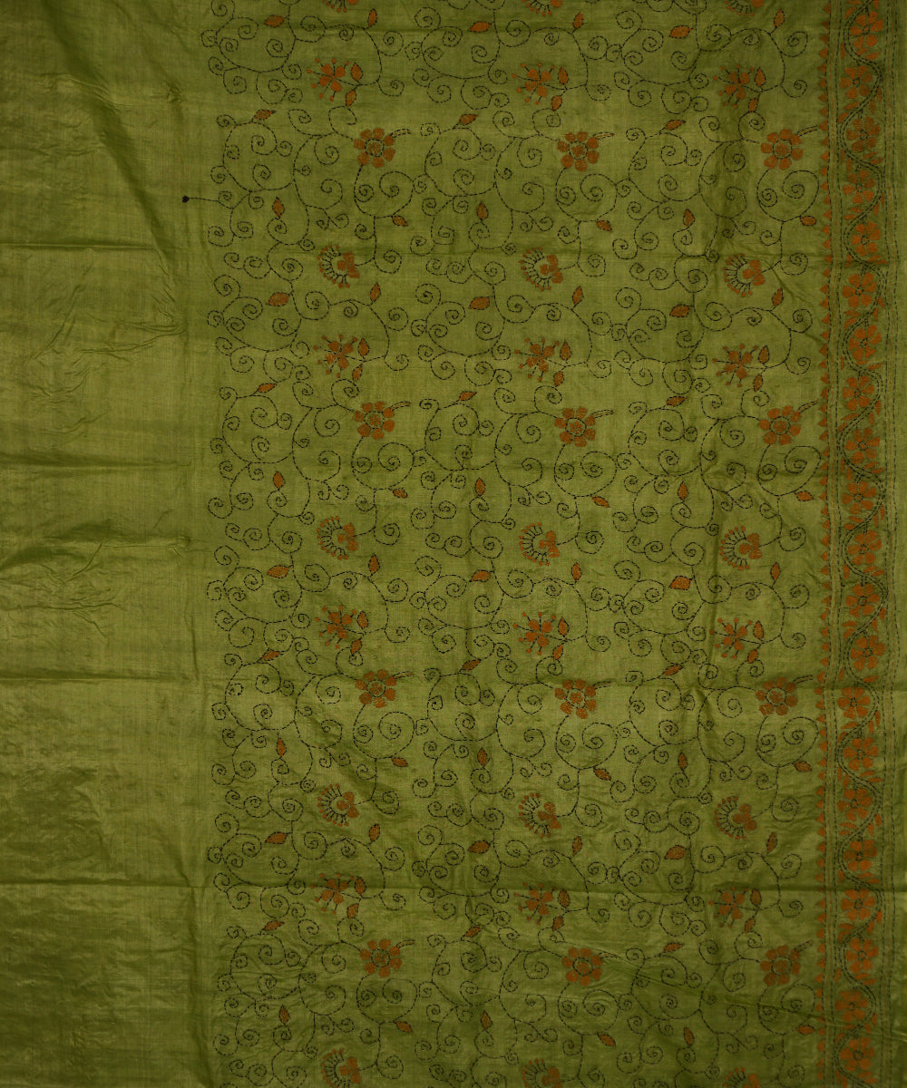 Olive green hand embroidery tussar silk kantha saree