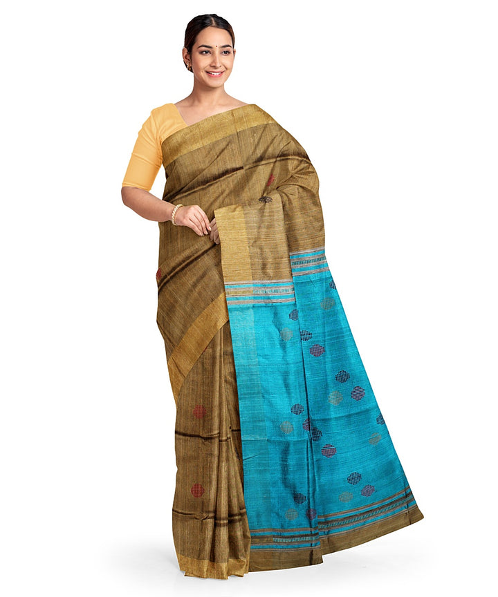 Olive green cyan blue raw silk bhagalpur handwoven saree