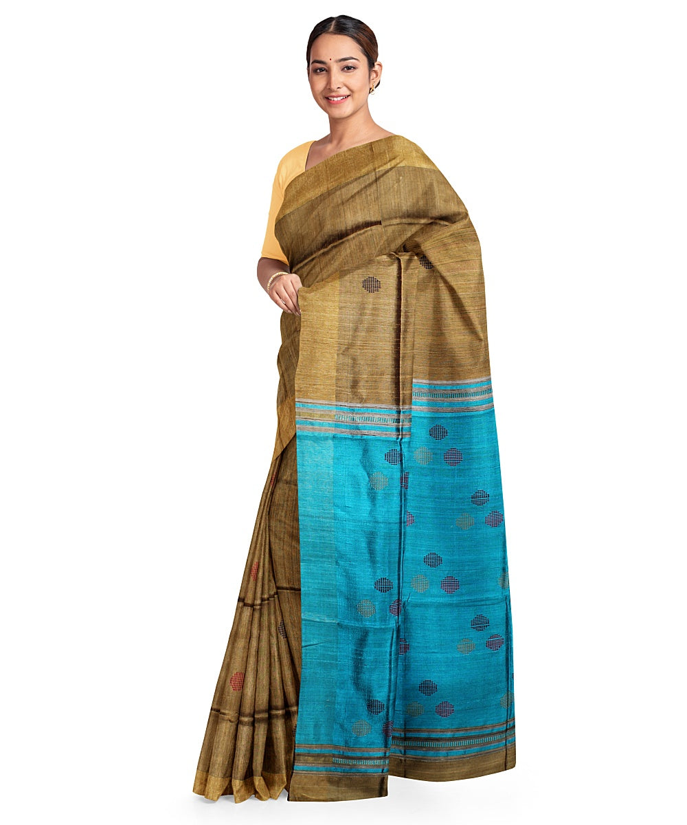 Olive green cyan blue raw silk bhagalpur handwoven saree