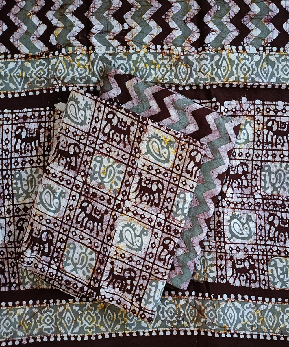 3pc Grey brown handspun handwoven cotton batik dress material