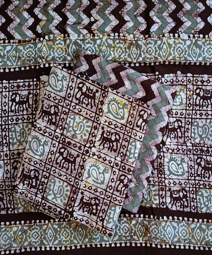 3pc Grey brown handspun handwoven cotton batik dress material