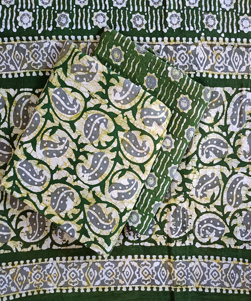 3pc Green yellow grey handspun handwoven cotton batik dress material