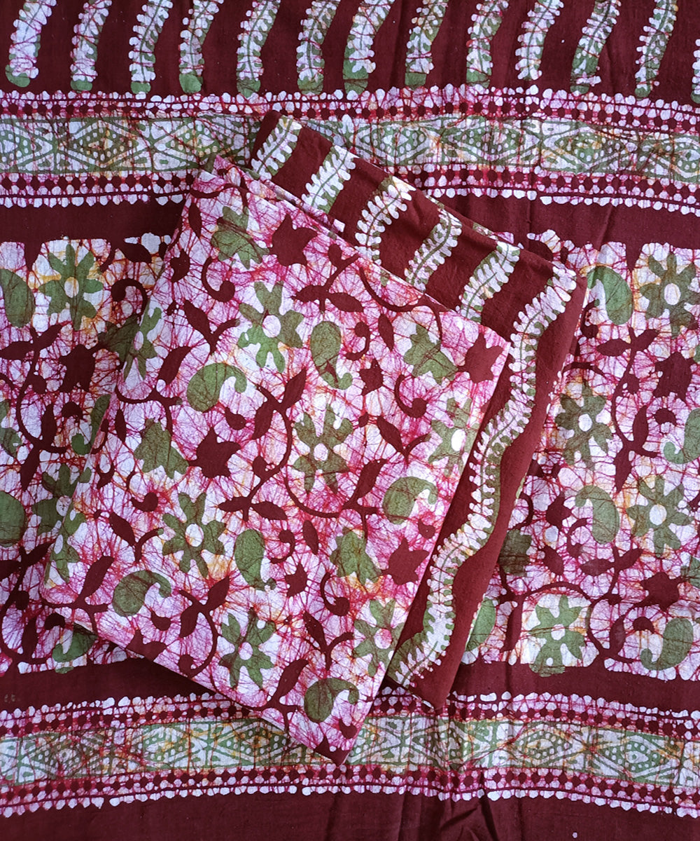 3pc Pink green handspun handwoven cotton batik dress material  GoSwadeshi