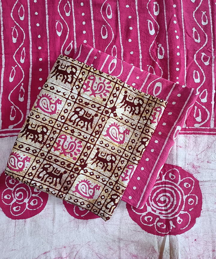 3pc Pink brown handspun handwoven cotton batik dress material