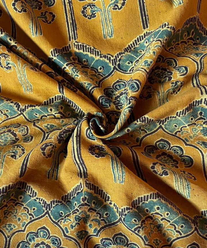 2.5m yellow khadi blue cotton ajrakh print kurta material