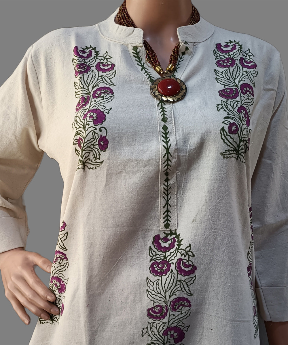 Beige purple green hand block print handspun handwoven cotton kurti