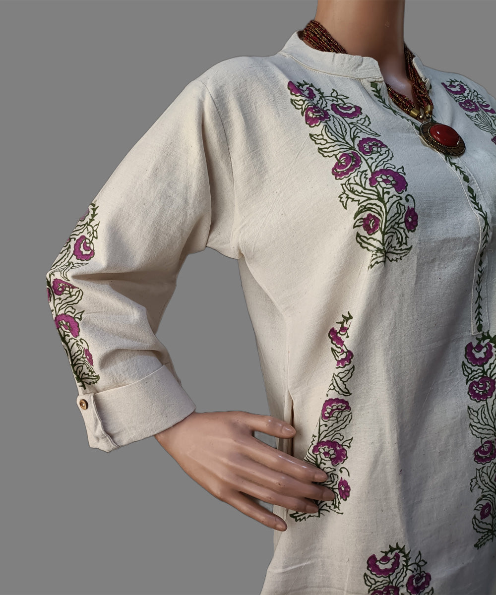 Beige purple green hand block print handspun handwoven cotton kurti
