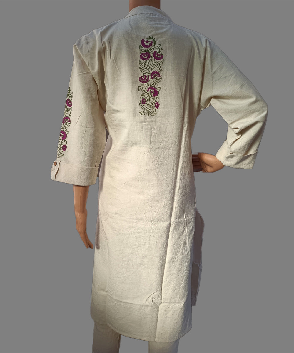 Beige purple green hand block print handspun handwoven cotton kurti