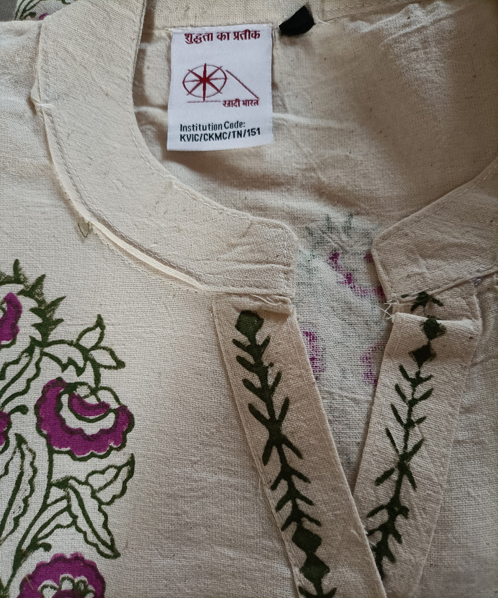 Beige purple green hand block print handspun handwoven cotton kurti