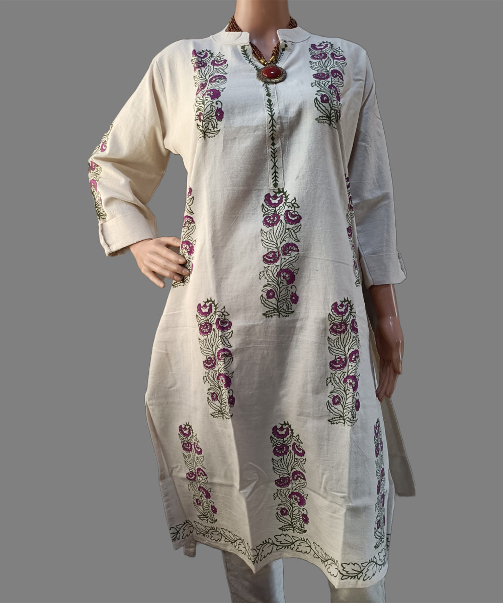 Beige purple green hand block print handspun handwoven cotton kurti