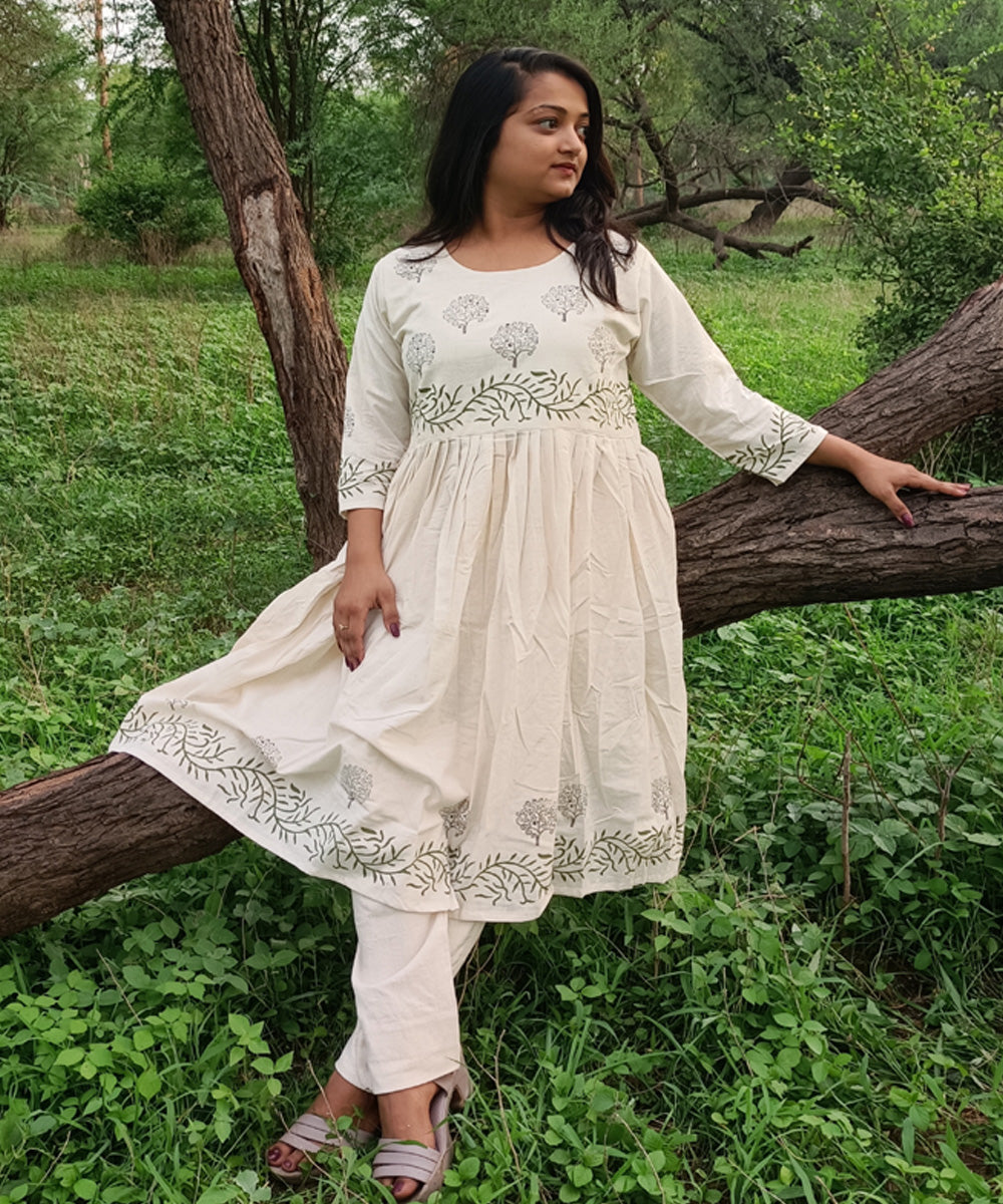 White kora handspun handwoven block print khadi cotton kurti