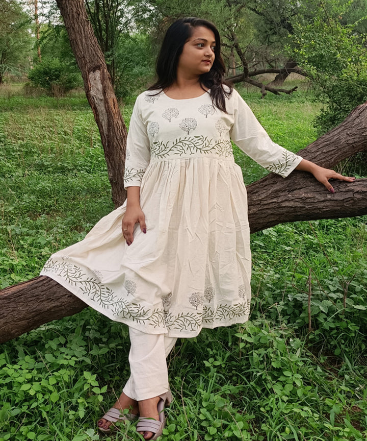 White kora handspun handwoven block print khadi cotton kurti