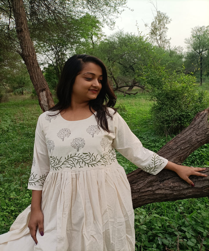 White kora handspun handwoven block print khadi cotton kurti