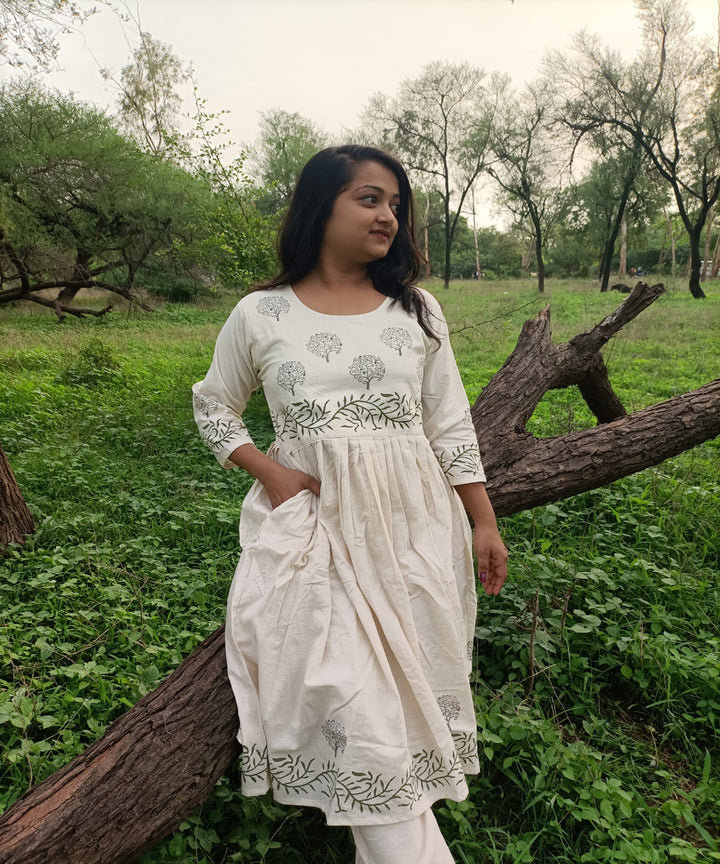 White kora handspun handwoven block print khadi cotton kurti