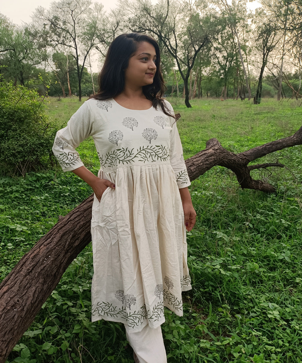 White kora handspun handwoven block print khadi cotton kurti