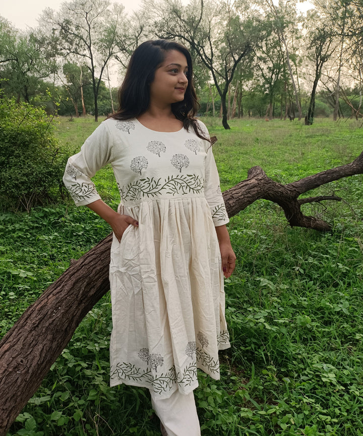 White kora handspun handwoven block print khadi cotton kurti