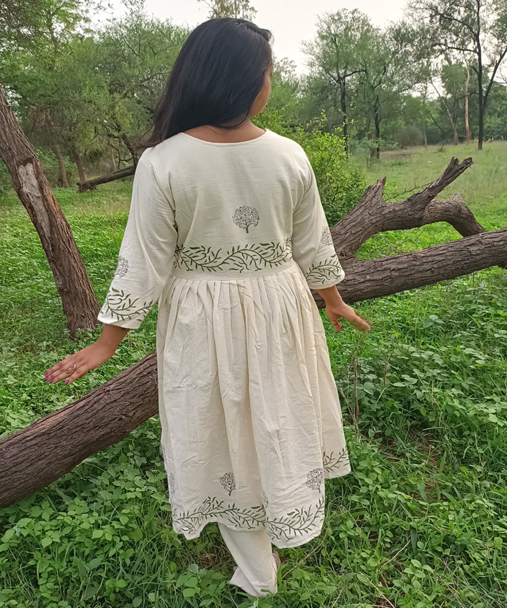 White kora handspun handwoven block print khadi cotton kurti